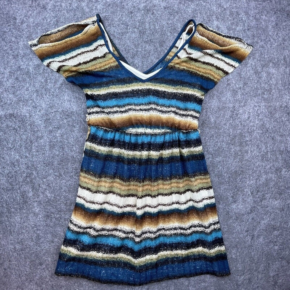 iZ‎ Byer Dress Womens Small Blue Brown Striped Open Shoulder Lined Beachy Knit